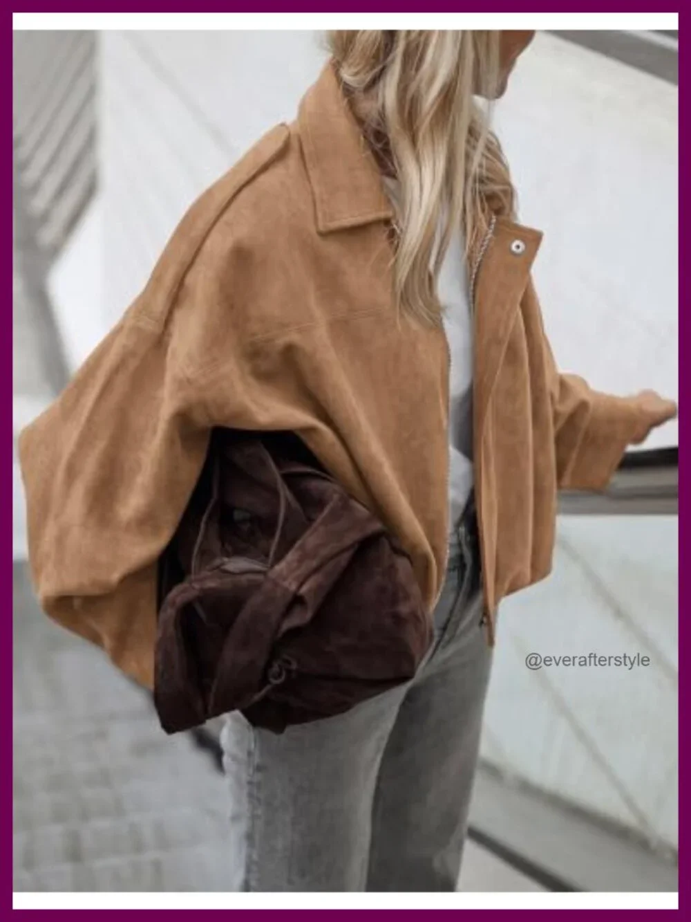 Faux Suede Cropped Bomber Jacket for Women Oversized Lapel Collar Long Batwing